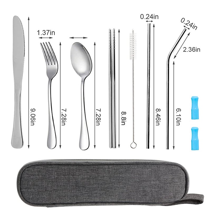 OASMU Travel Utensils Set with Case Reusable Portable Cutlery Set Stainless Steel 8pcs Including Dinner Knife Fork Spoon Chopsticks Straws(Silver) - Image 3